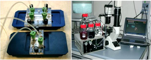 MicCell Examples with microscope adapters (blue, Left), Experimental setup for a MicCell with fluid processor (Right)