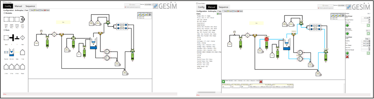 MicCell GUI. Devices in the F-Box are automatically detected. Add them to the fluid diagram via clicking and dragging (left) and manually control them (right). You can also define automatic processes including many controls, e.g. status queries, loops, counters (not shown).